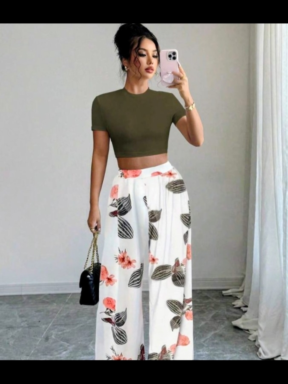 Floral Wide-Leg White Pants